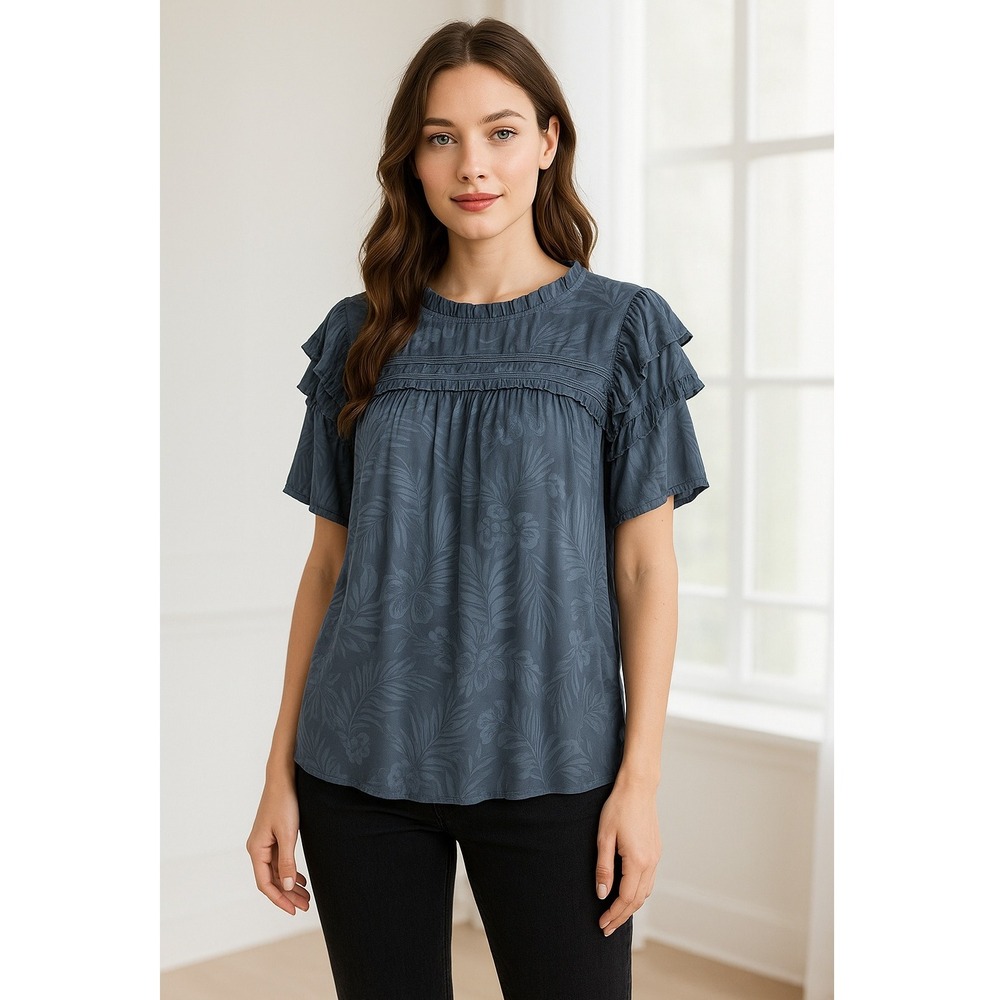 Pookie & Sebastian‎ Shirt Women Large Blue Floral Ruffle Trim Blouse Tropical